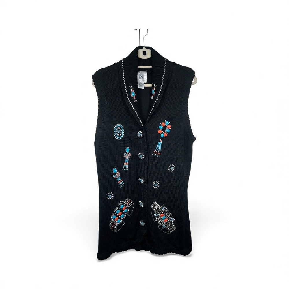 Vintage Studio Collection Black Beaded Southwestern Sweater Vest Size Small